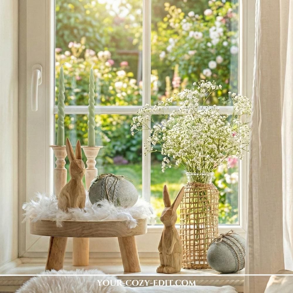 Natural window decor for Easter with wooden and stone elements