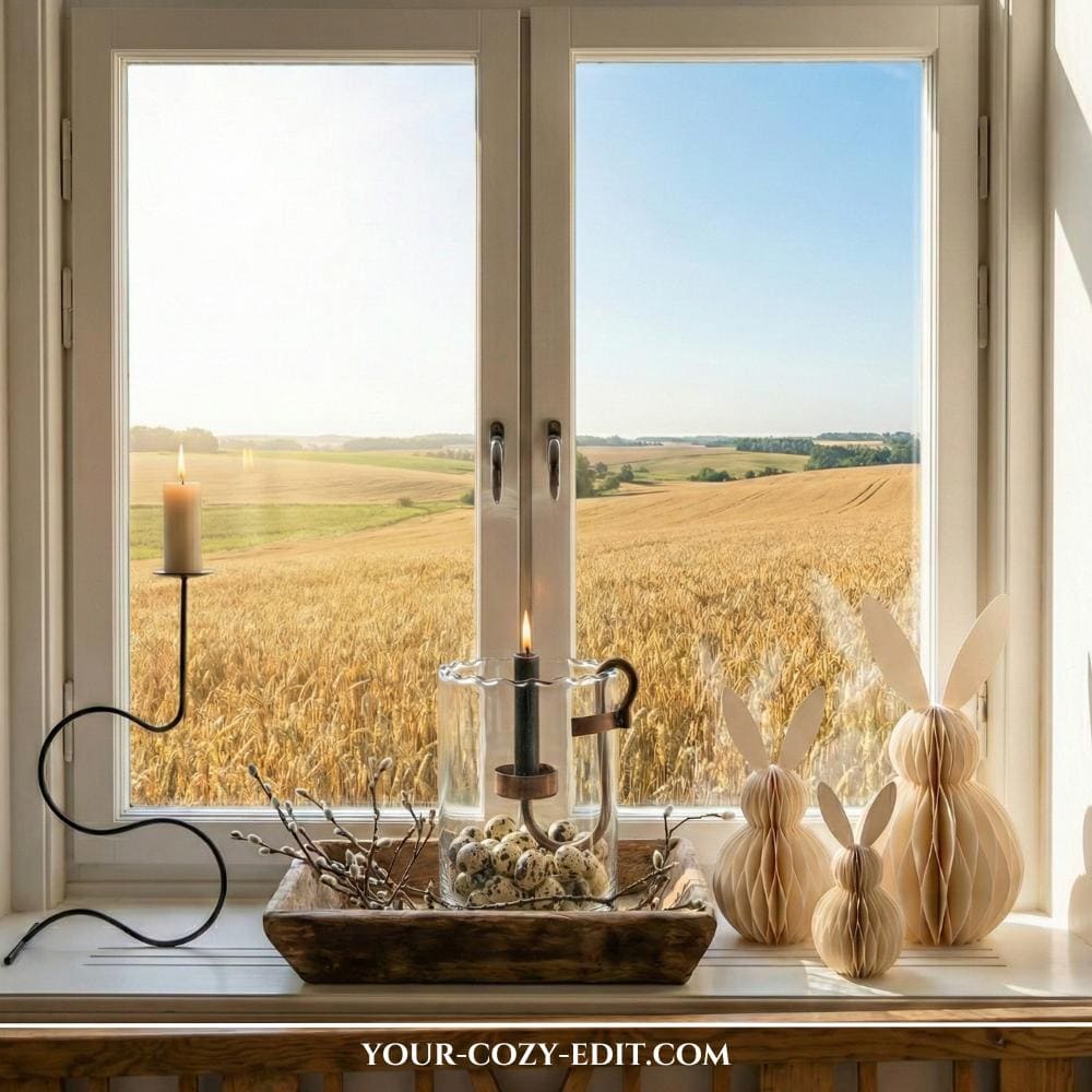 Minimalist scandinavian Easter window decor with paper bunnies