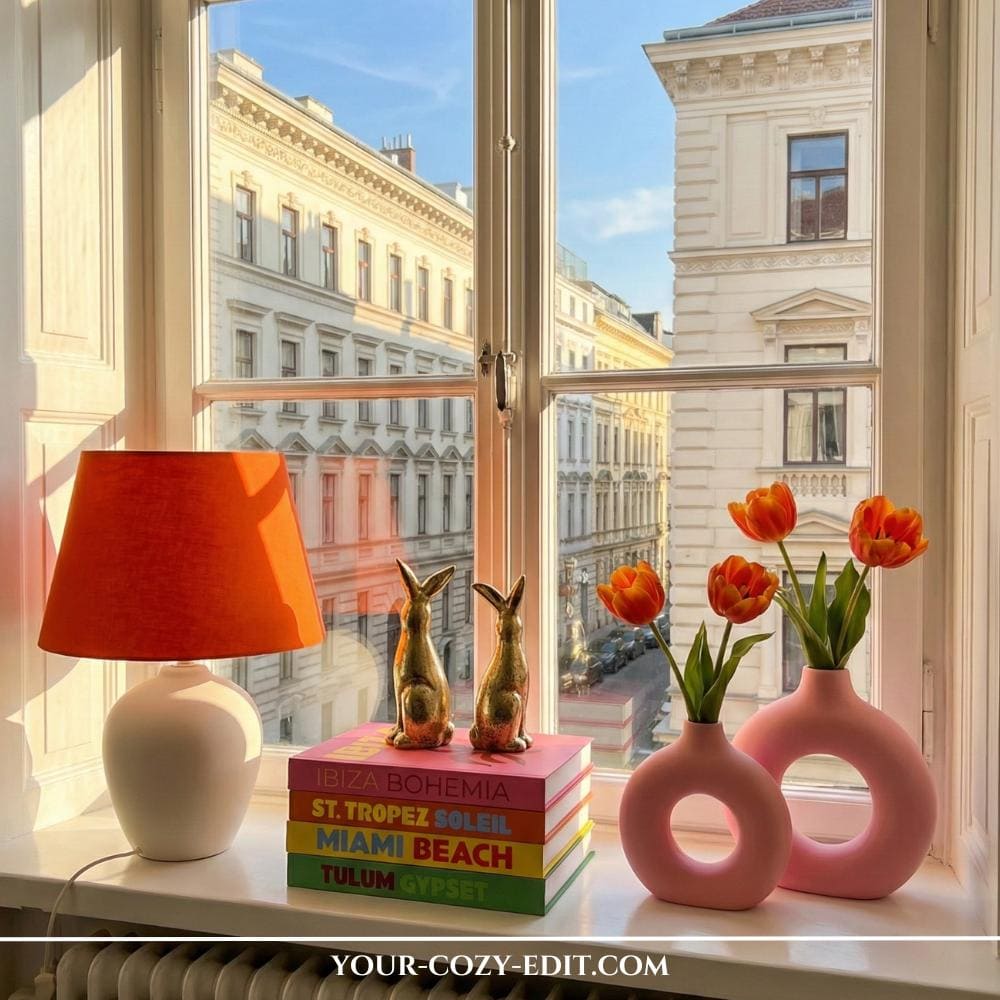 Pop art inspired Easter window decor in bright colors and pink vases