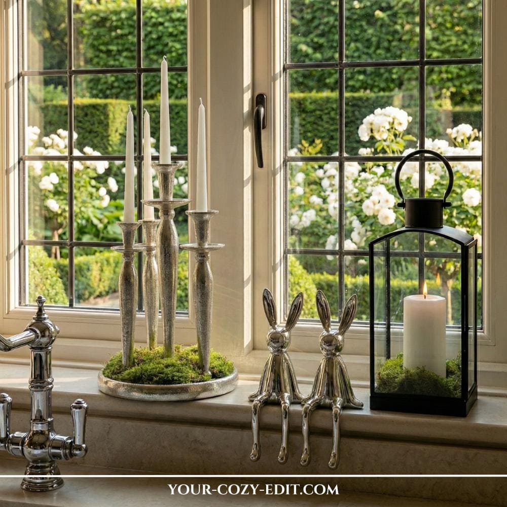 Elegant window sill decor for Easter with sitting shelf bunnies and lantern