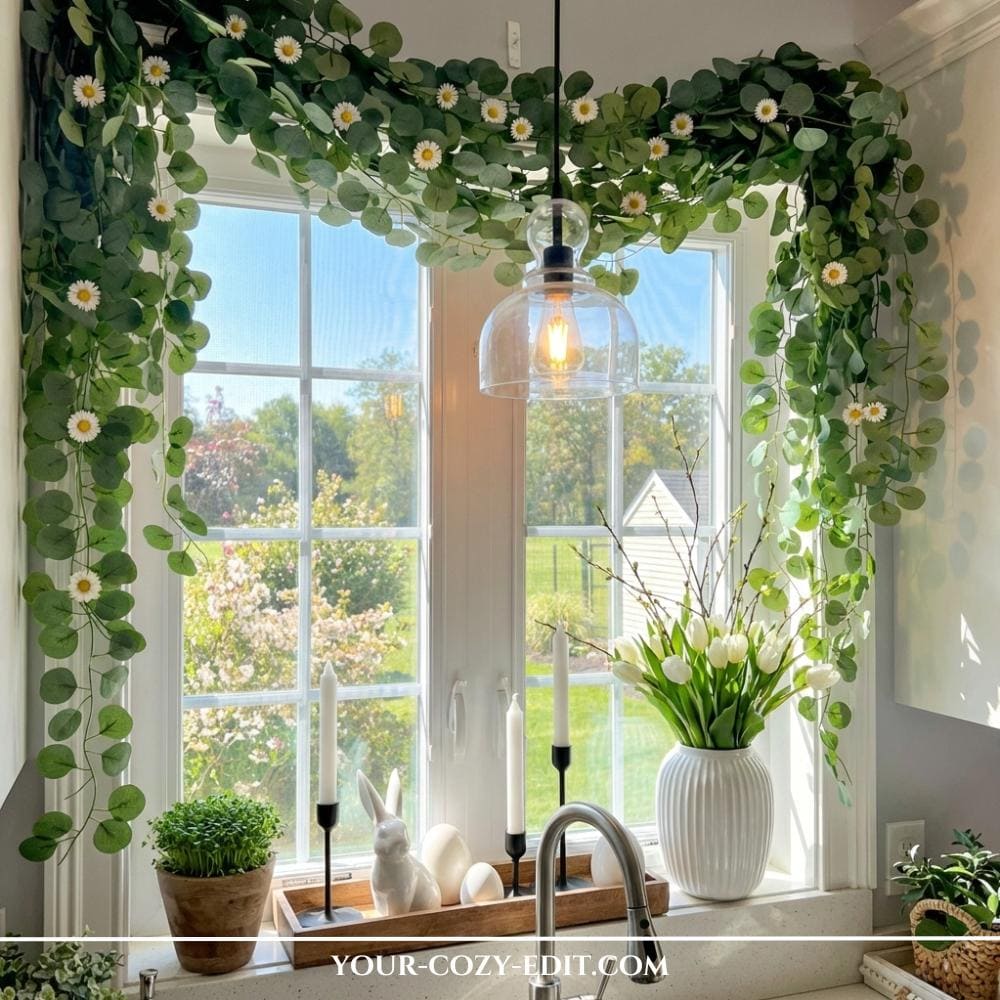 Window decor with eucalyptus garland and little daisies for spring decor