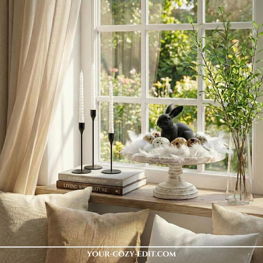 Scandinavian Easter decor for windowsill with cake stand as Easter nest