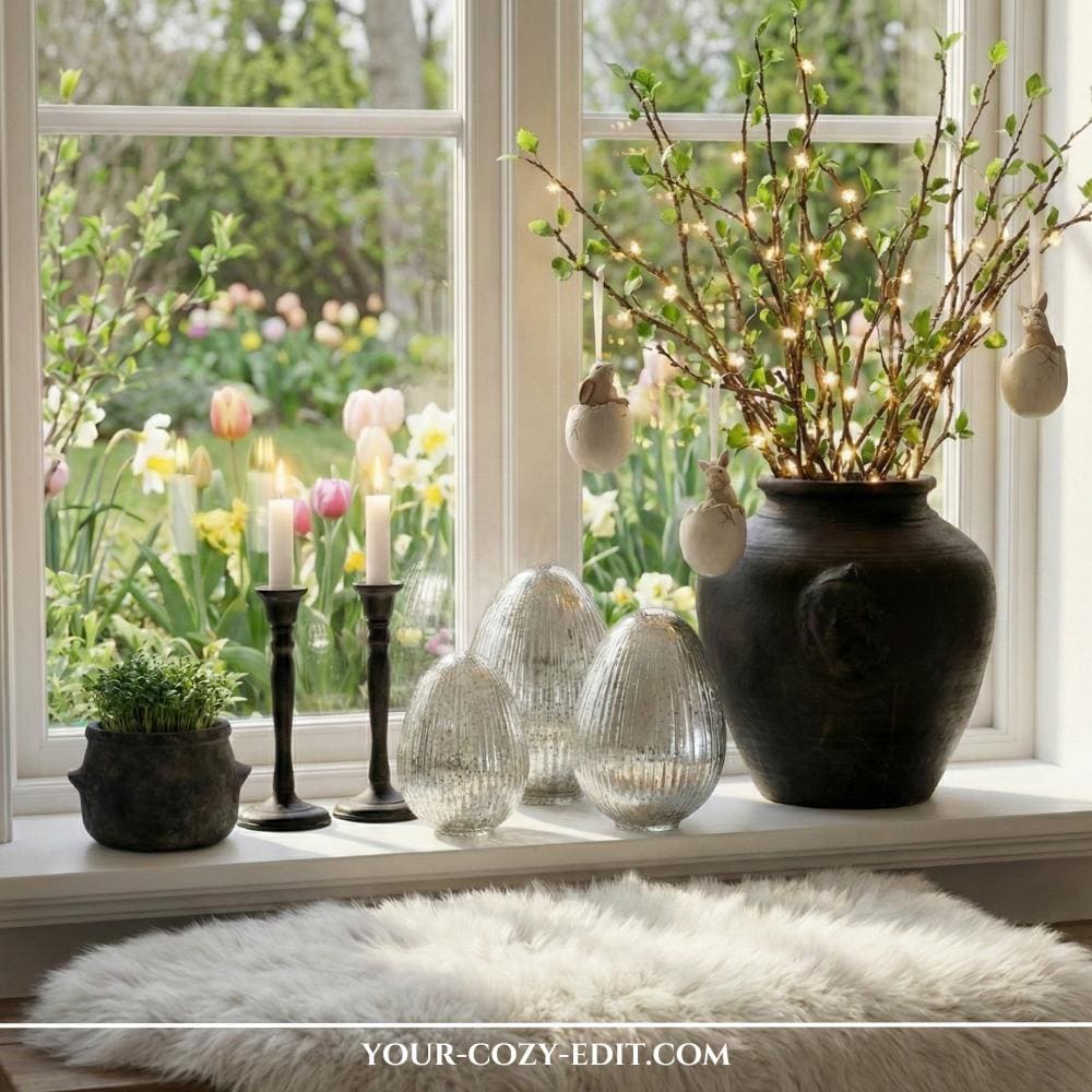 Modern Easter decor for windowsill with large vase and glass decor eggs