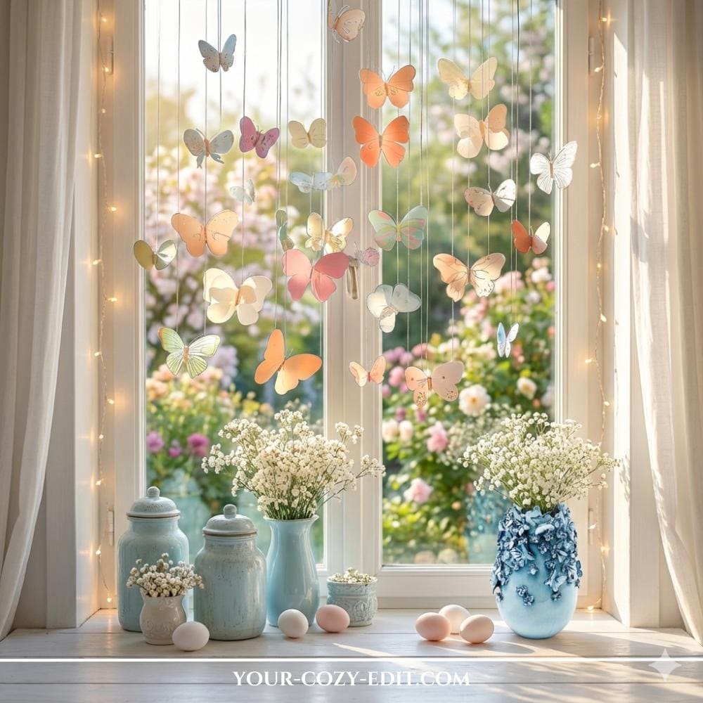Floating butterflies over vases as cute Easter window decor