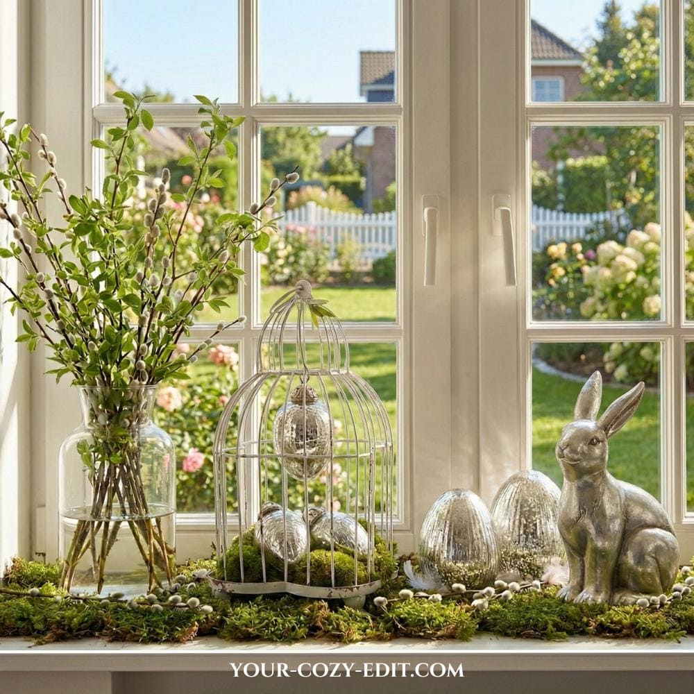Easter windowsill with decorative bird cage and moss landscape