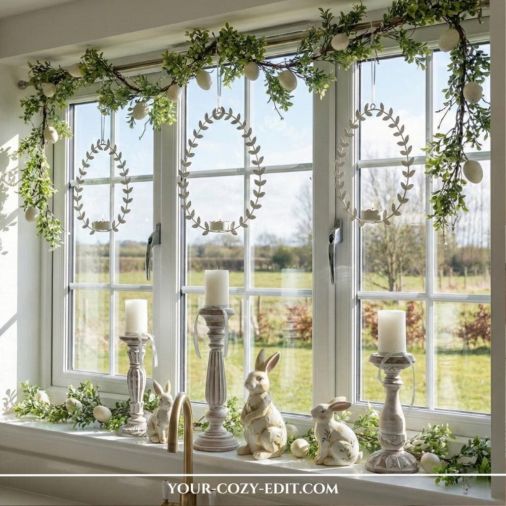 Easter Window Decor with garland and hanging tea lights