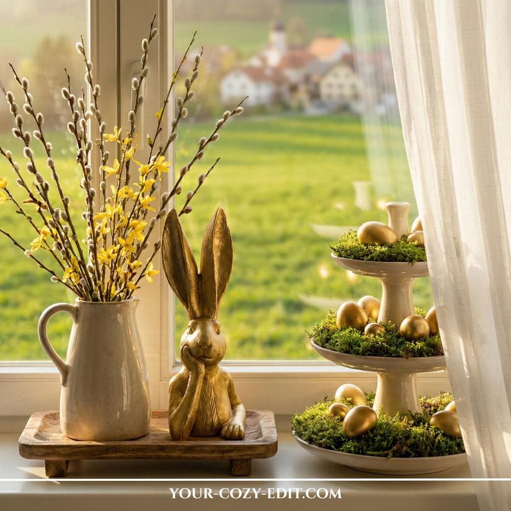 Farmhouse Easter decor for windows with modern golden elements mixed in
