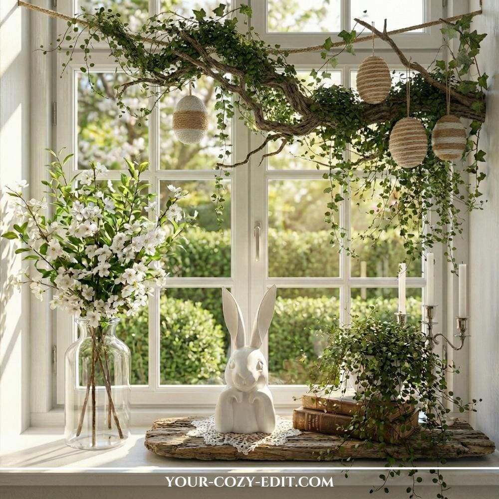 Easter window decor idea with macrame eggs and ivy branch in natural look