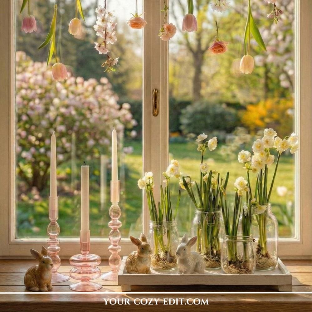Adorable spring decor with hyacinths in glass vase and glass candlesticks in light-pink