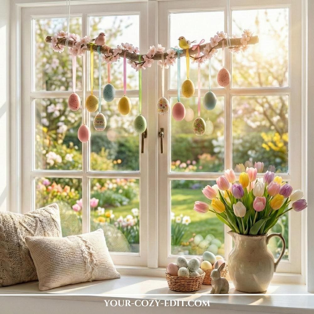 Easter eggs on colorful ribbons hanging from Easter branch with little birds