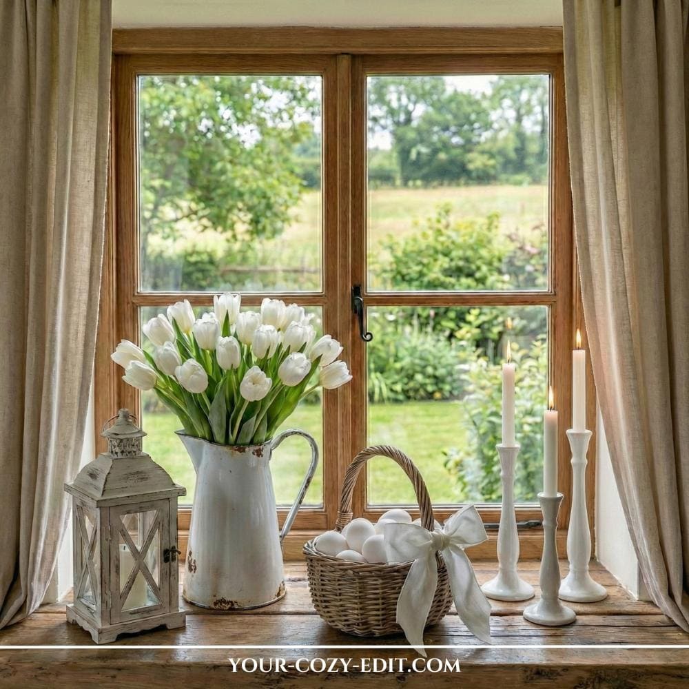 Charming farmhouse Easter decor with basket and white tulips