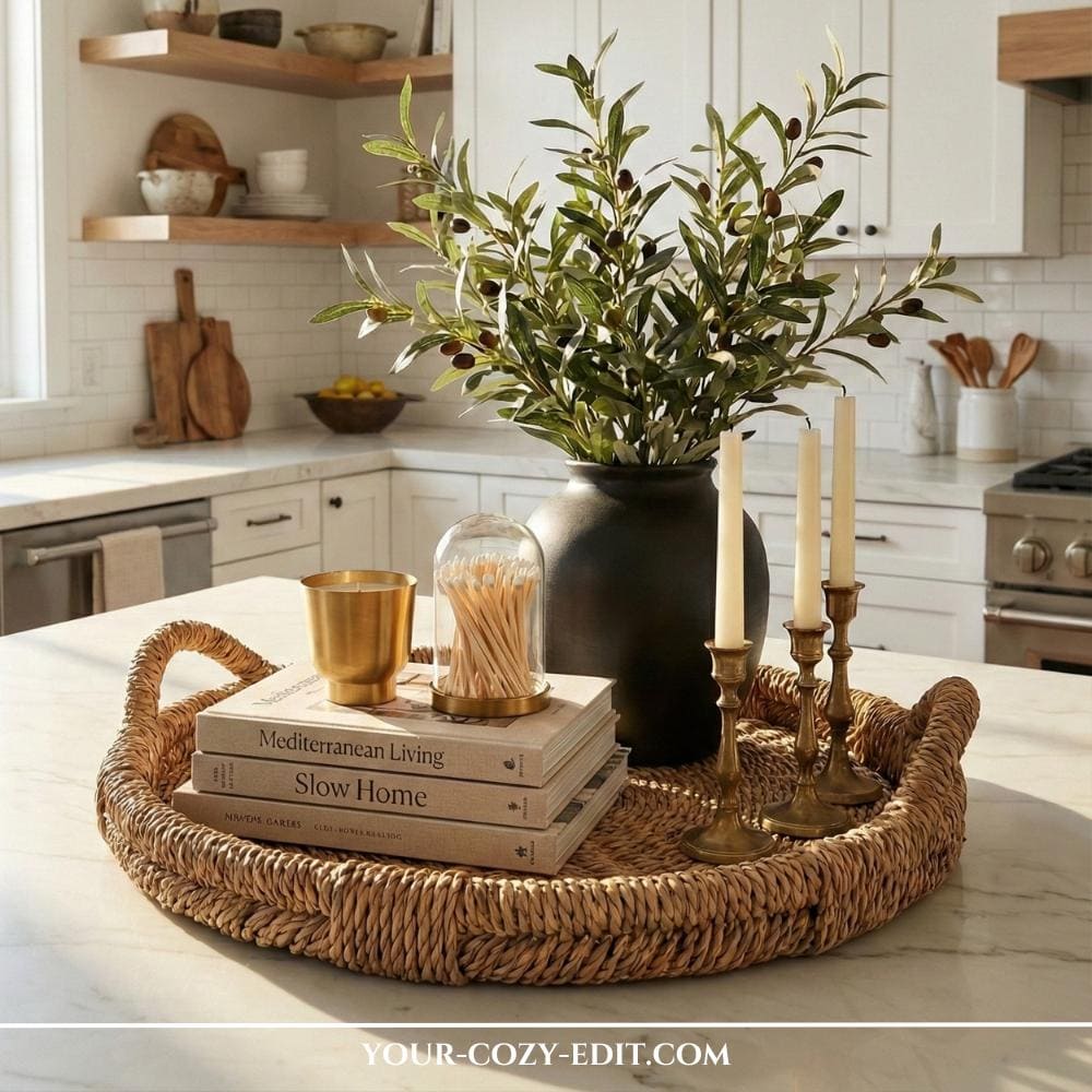 Woven tray with black vase and olive branches, candle holders and coffee table books