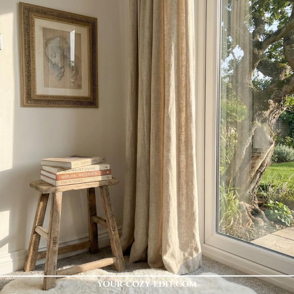 Wooden stool with coffee table decor books next to linen curtains and glass door