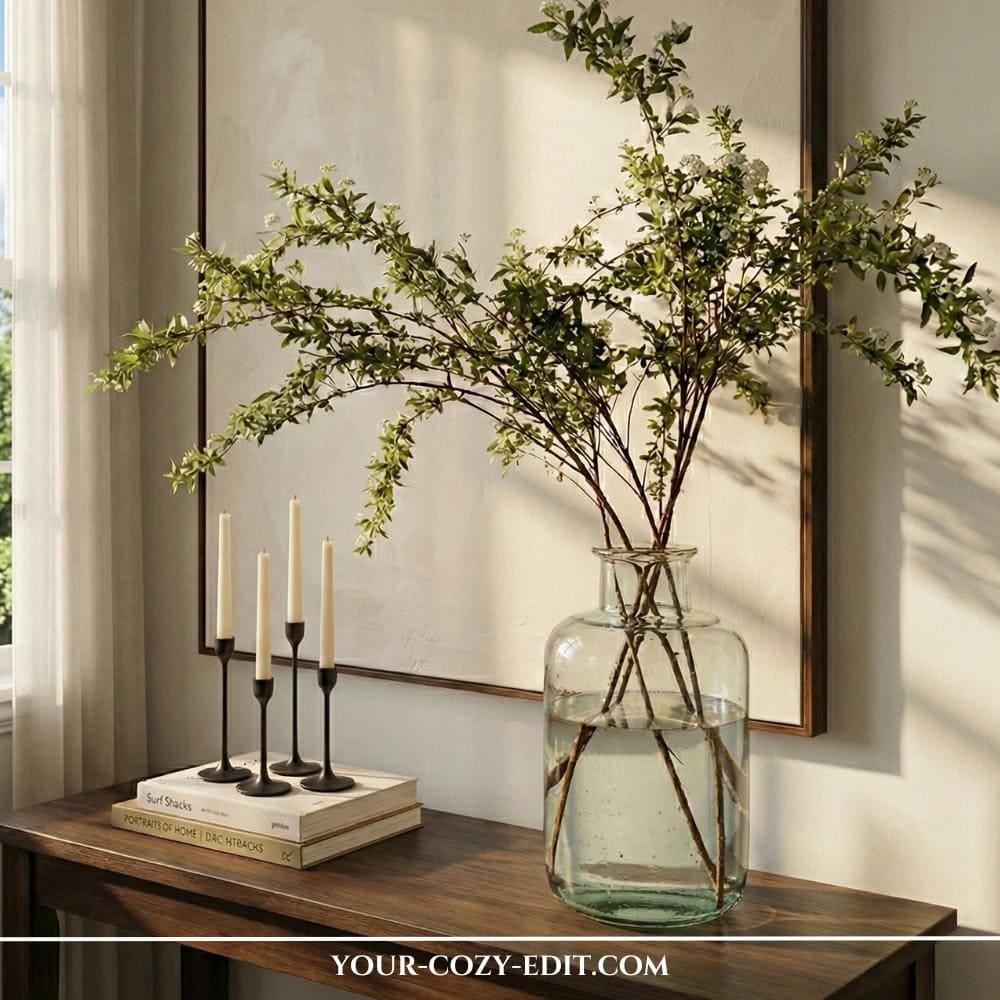 Console decor with huge glass vase with large branches