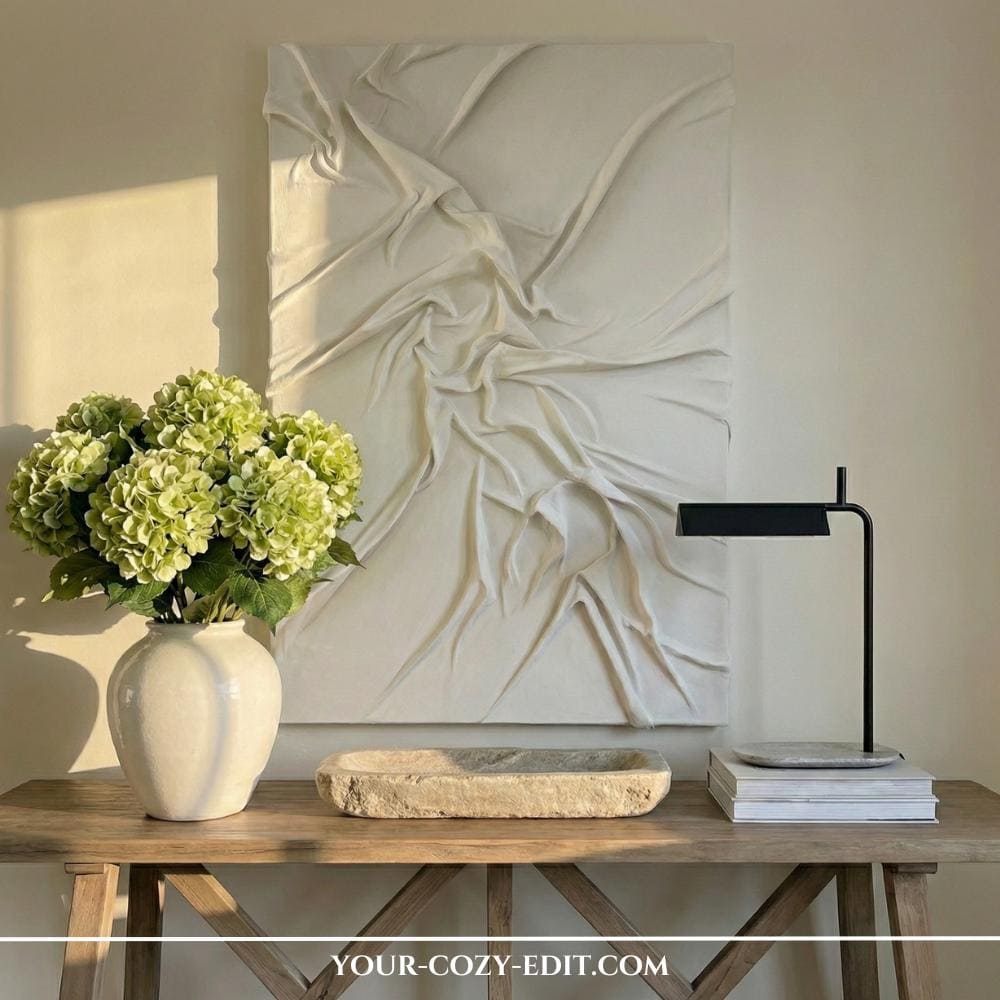 Texture art on canvas above wooden bank and vase with green hydrangeas and stone bowl