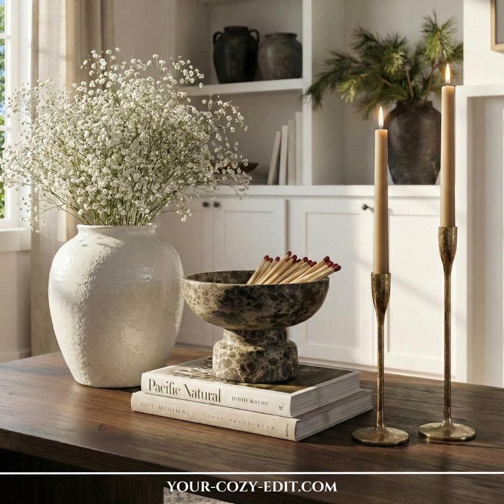 Console decor using different heights with candle holders, vase and decorative bowl on coffee table books