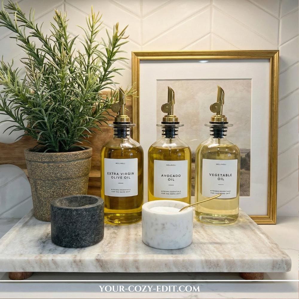 Glass bottles for oils on stone tray as frugal chic kitchen decor