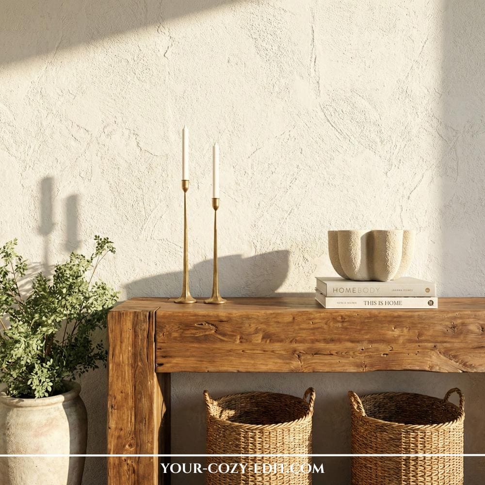 Solid wood console table with minimalistic decor and empty wall for frugal chic look