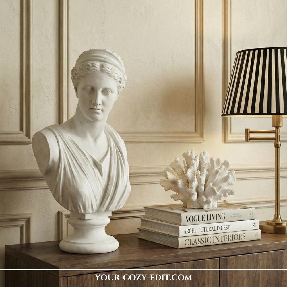 Console table with white bust, coffee table books with coral decor and black-white striped lamp