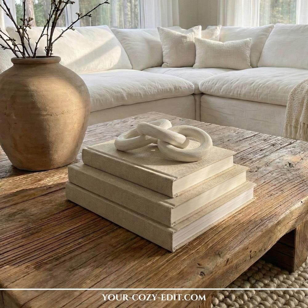 Thrifted books without covers on wood table to achieve frugal chic decor look in living room