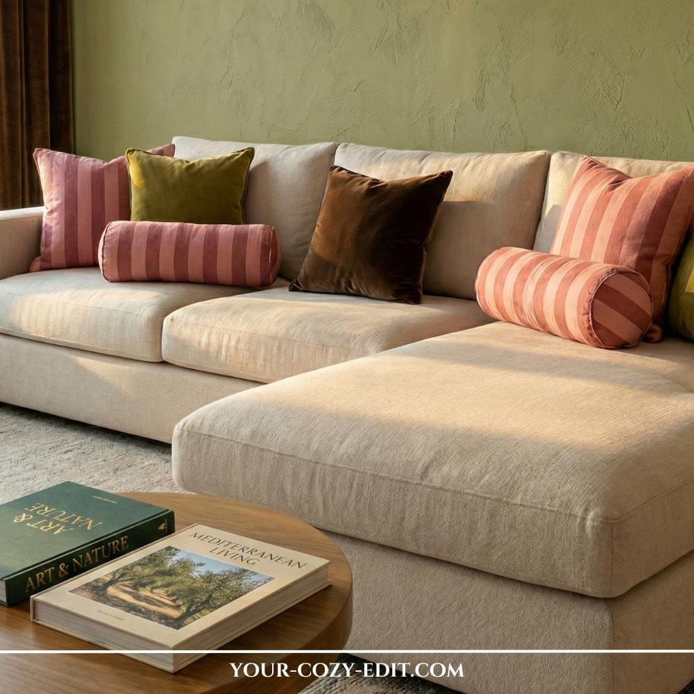 Creme couch in front of sage green wall with colorful pillows with different patterns as frugal chic decor