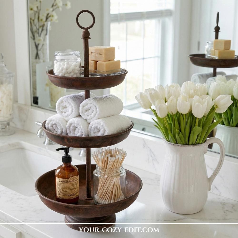 Antic etagere used as organizer and decor for frugal chic decor aesthetic