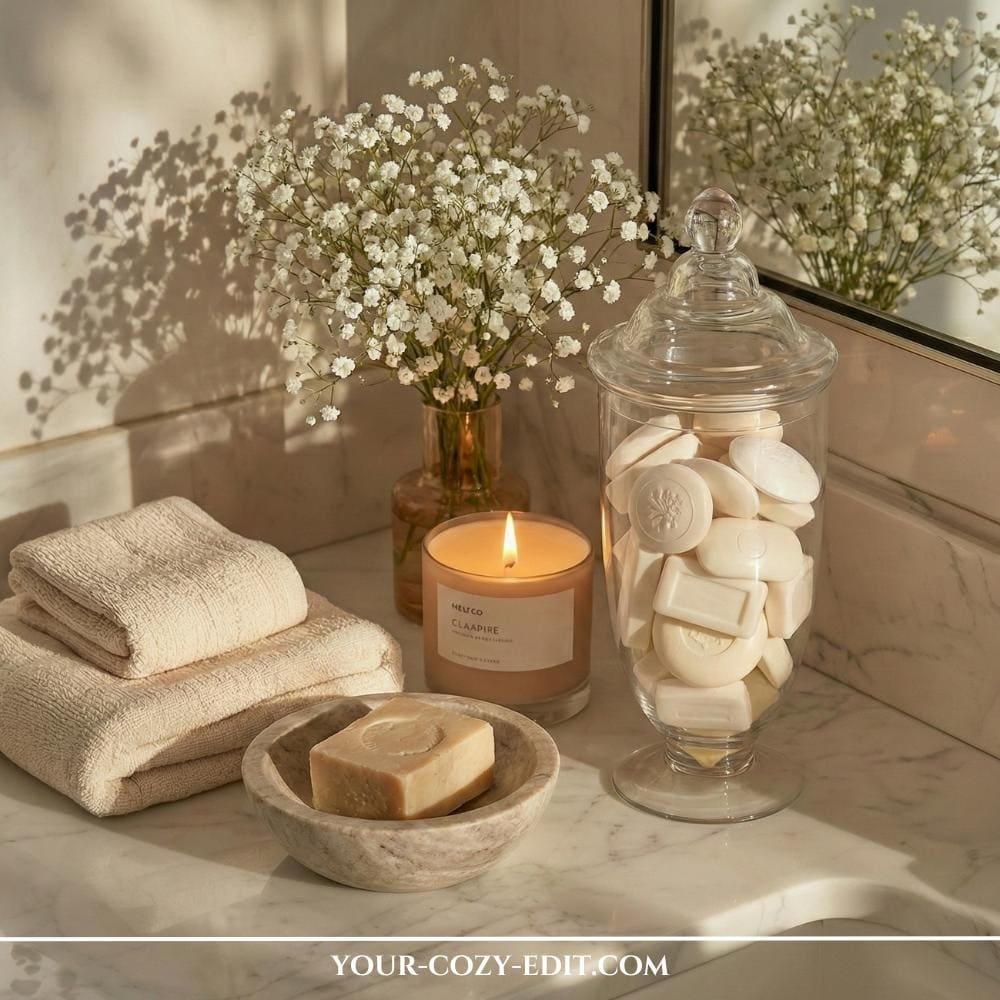 Hand soap bars in glass container and stone tray as elegant bathroom decor
