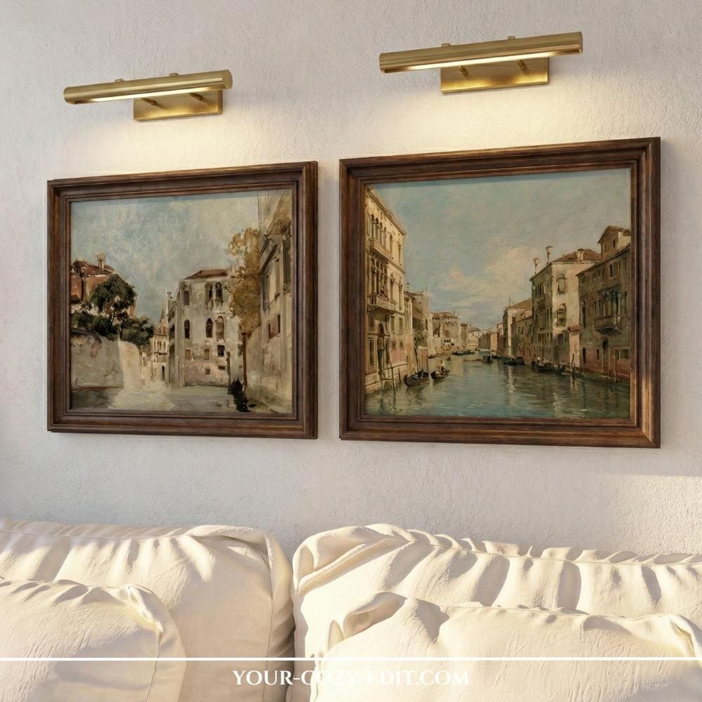 Antic paintings with wall lights for aesthetic frugal chic interior