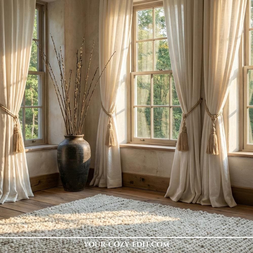 Curtain cords with linen curtains for the frugal chic meets old money aesthetic look in living rooms 