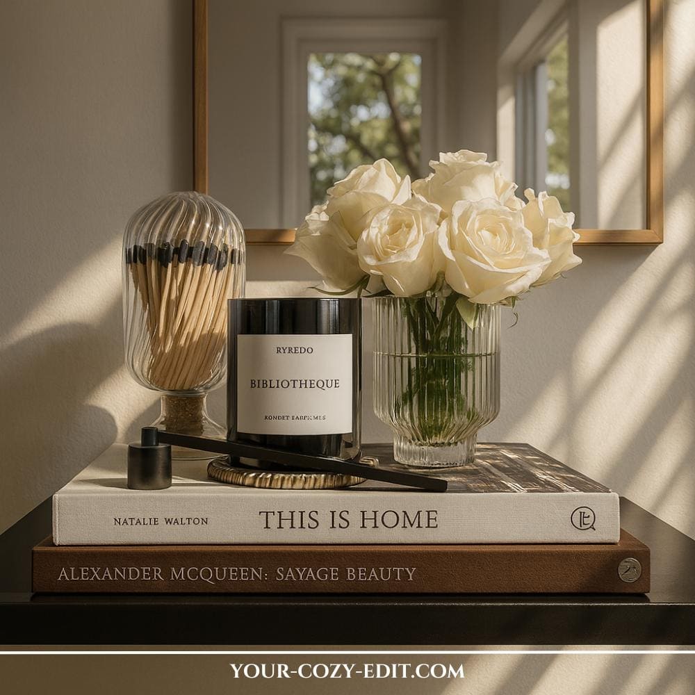 Coffeetable Book Styling with matches, Candle and Flowers