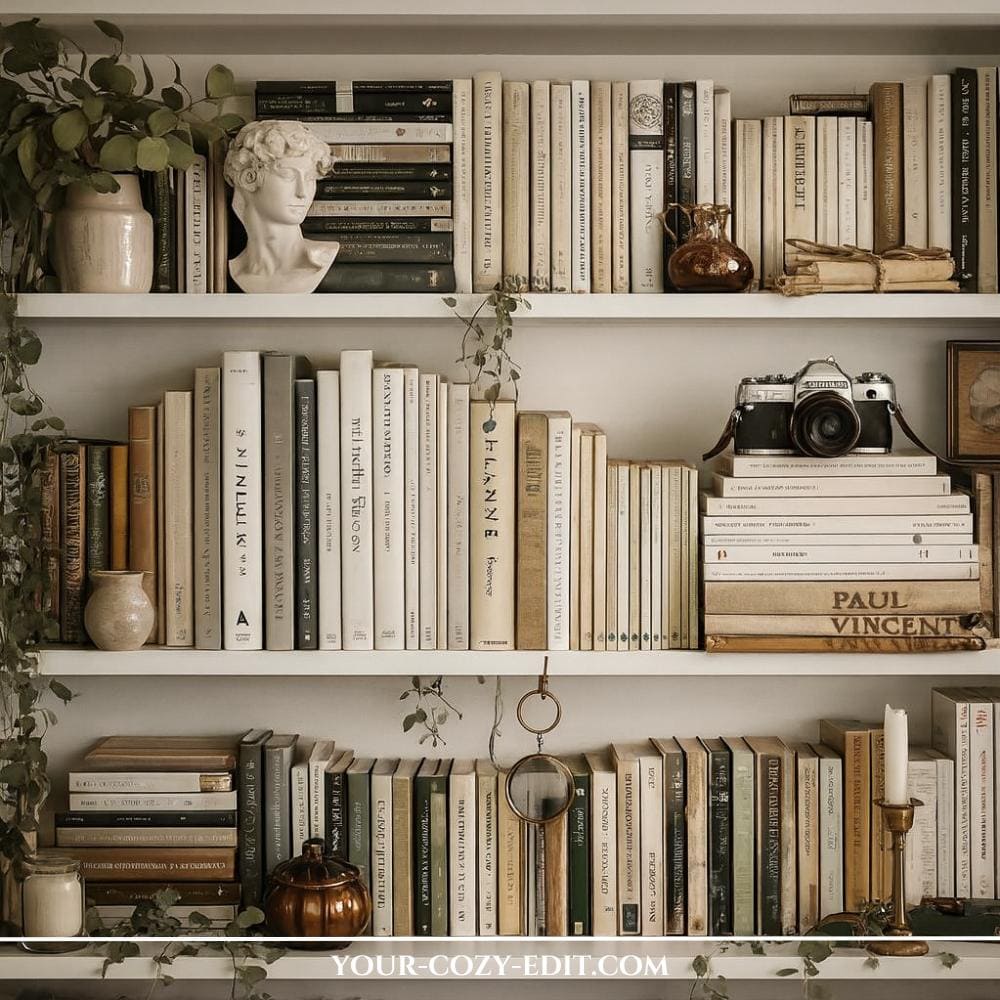 Full bookshelves with little decor objects in between like old camera and busts