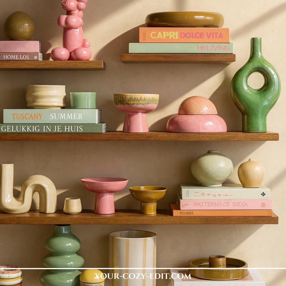 Mid-Century Shelf Styling with pastel colored vases and experimental shapes