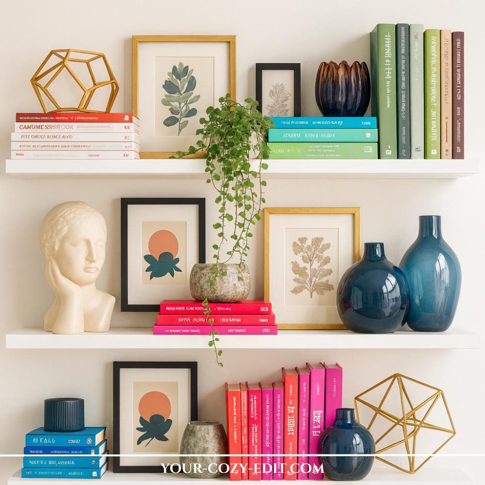White floating shelves styled with bright colored books in pink and green tones