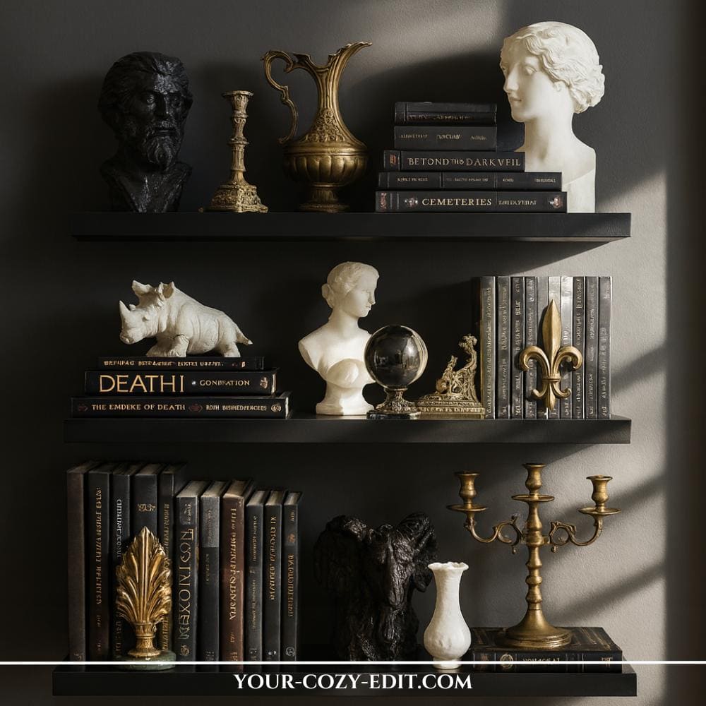 Dark Academia Shelf Styling Idea in Black with white busts and golden candelabra