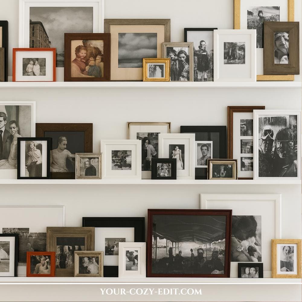 Cluttered photo gallery on floating shelves as personalized shelf styling idea