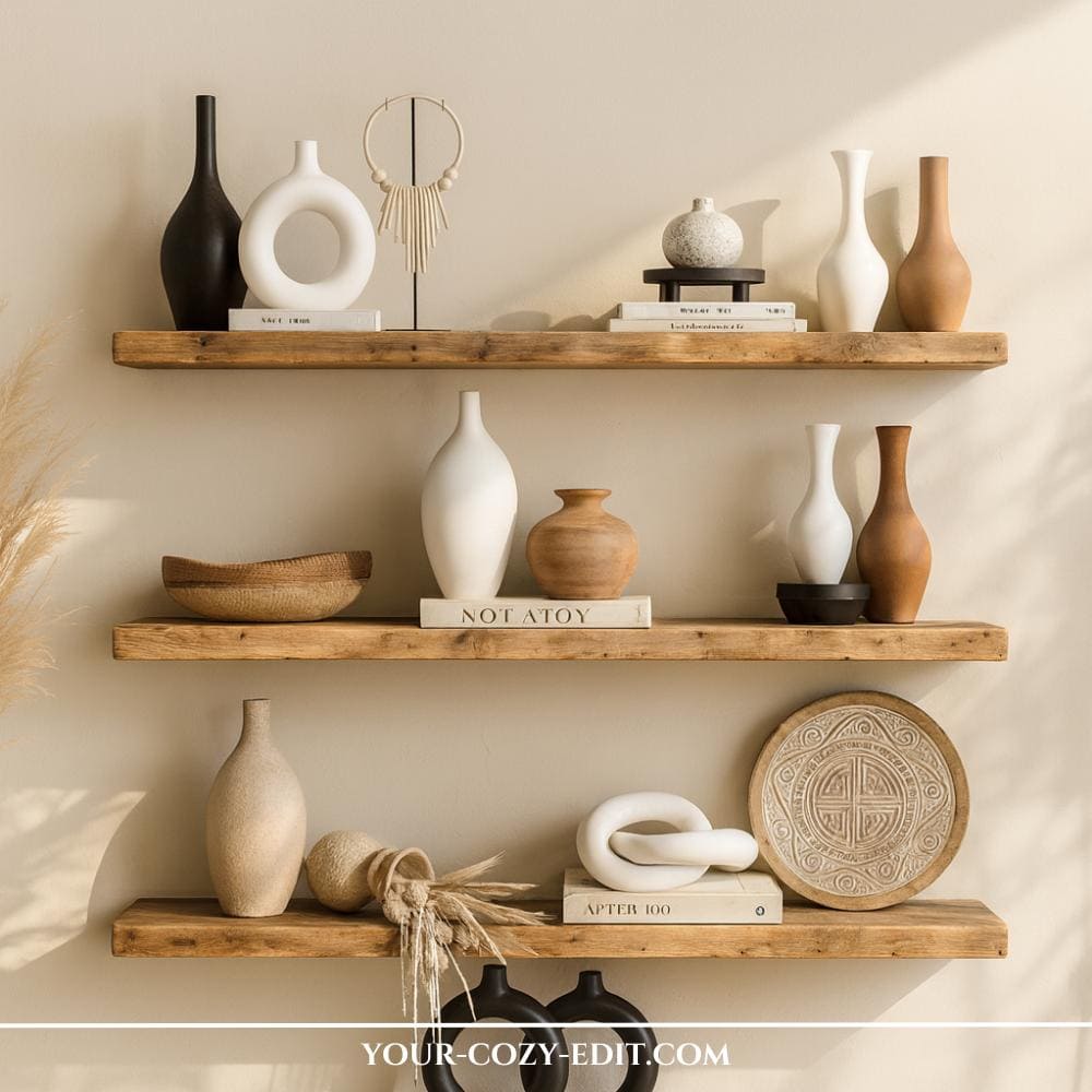 Modern but natural Boho shelf styling idea with vases in earthy colors