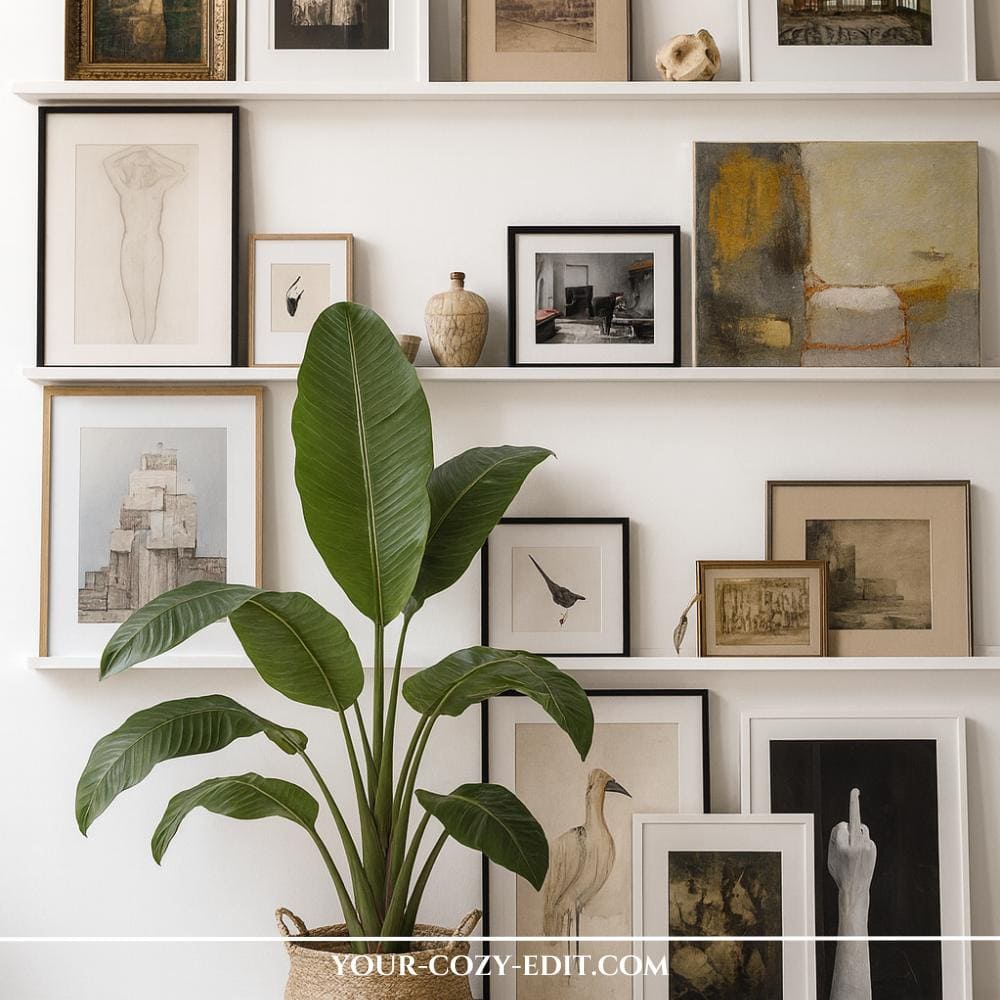 Floating white shelves with a huge range of different pictures in frames for a gallery-style look