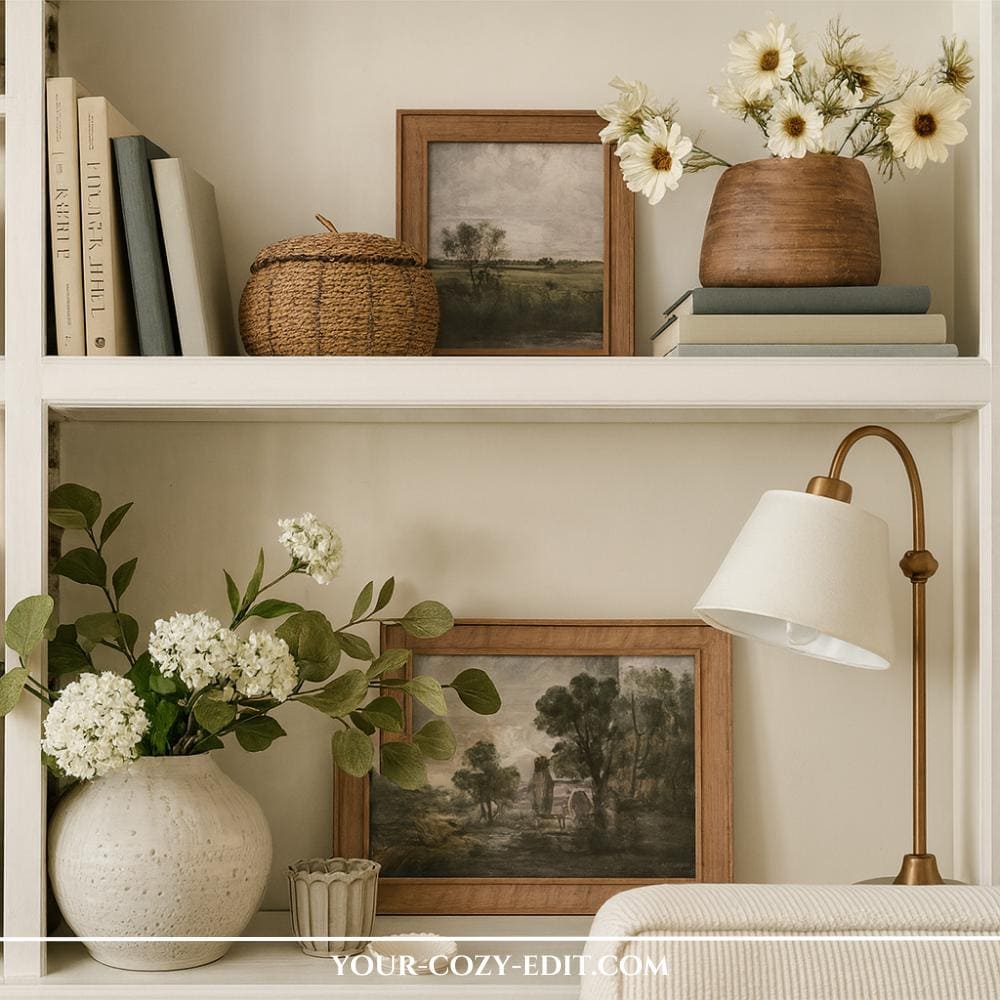 Cottage Core shelf styling idea with rustic objects and flowers