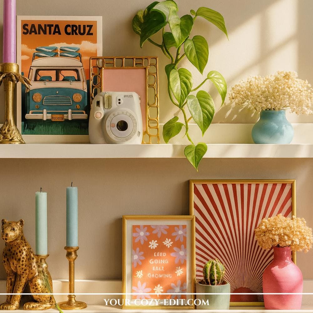 Dopamine Decor for Shelves with colorful pictures with California Retro Maximalism Vibes