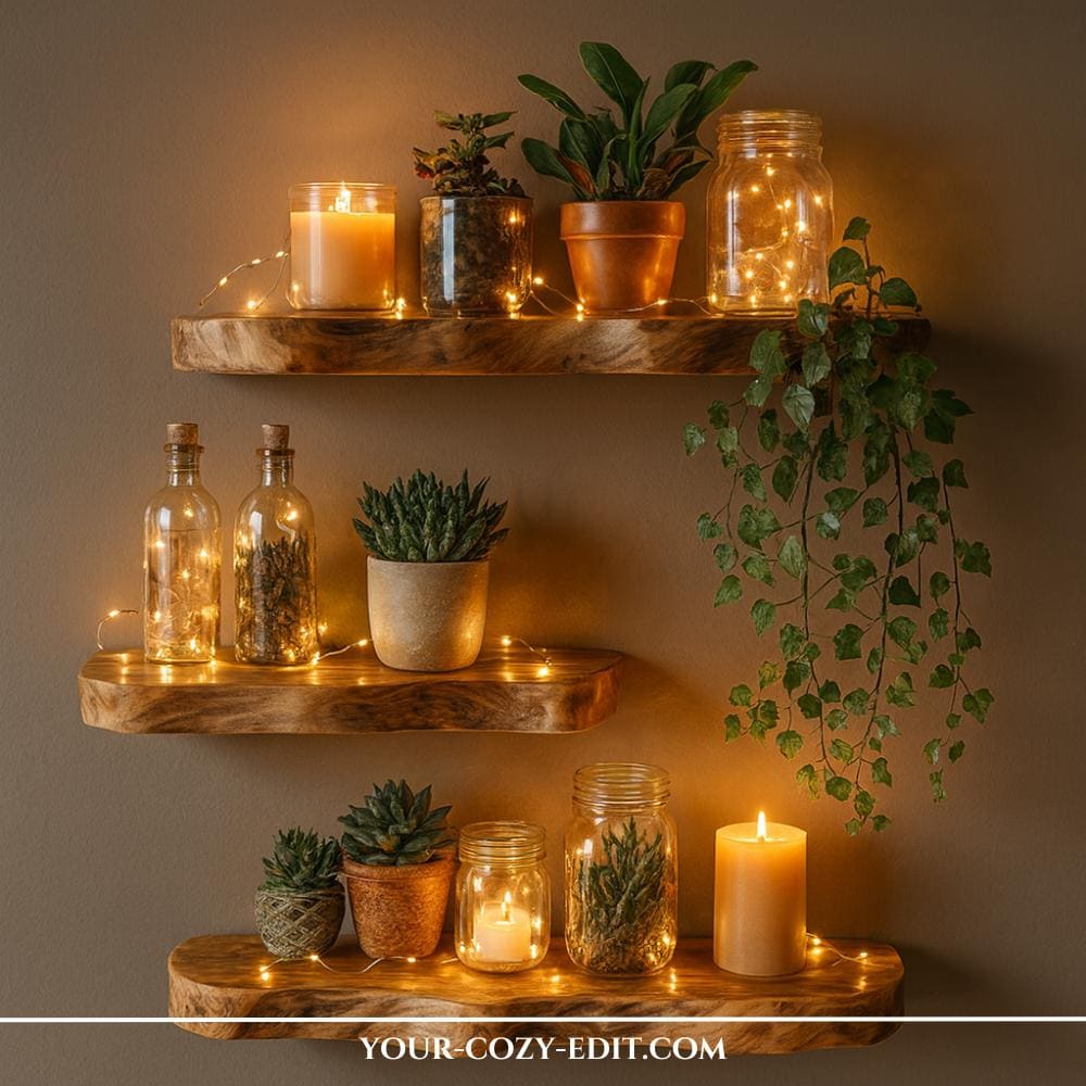 String lights as warm and cozy styling idea for floating shelves