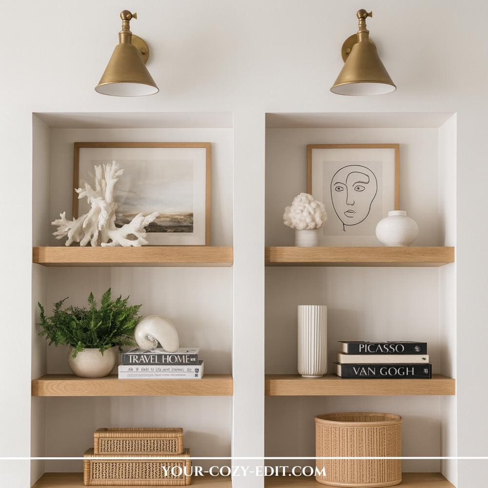 Golden wall scones as decorative element above wall shelves