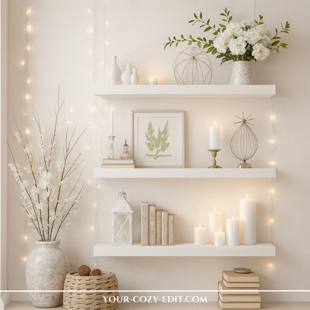 Light and soft farmhouse shelf decor in white with lights and flowers