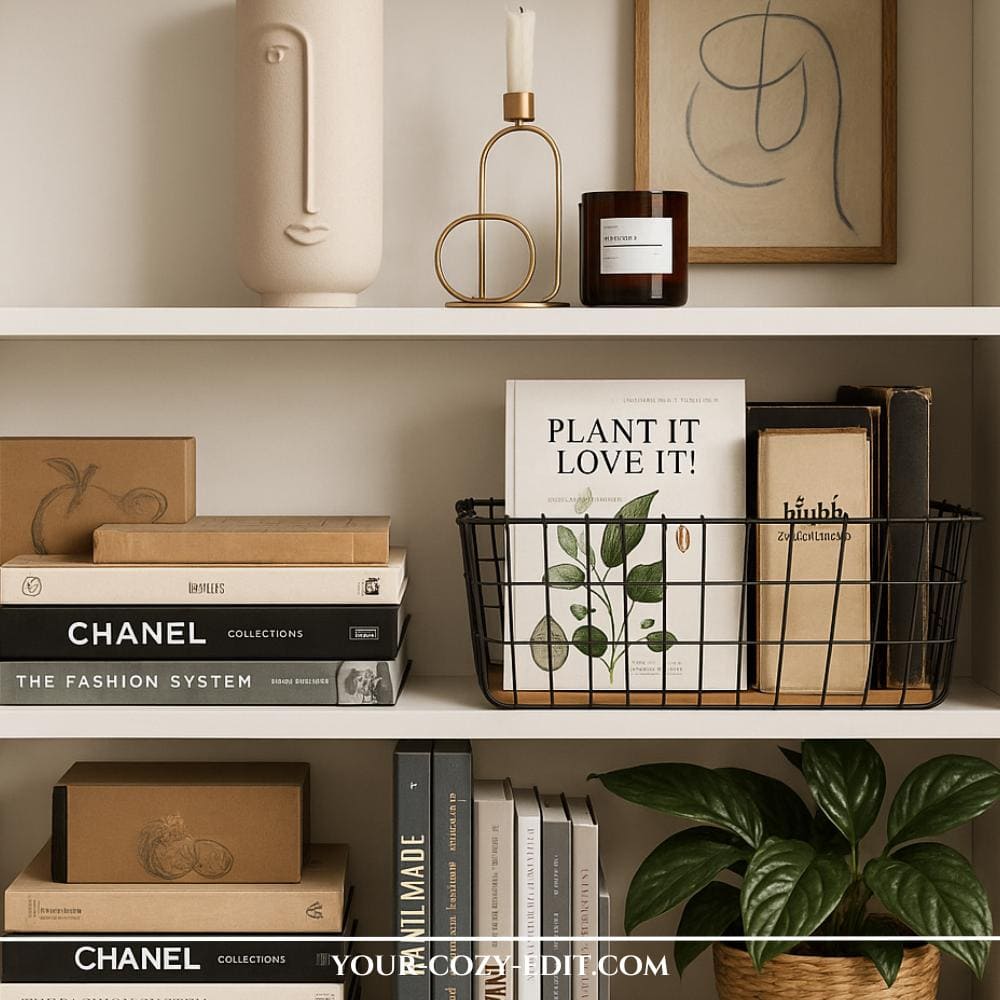 Shelf Decor with metal basket for organization and mixing up the style