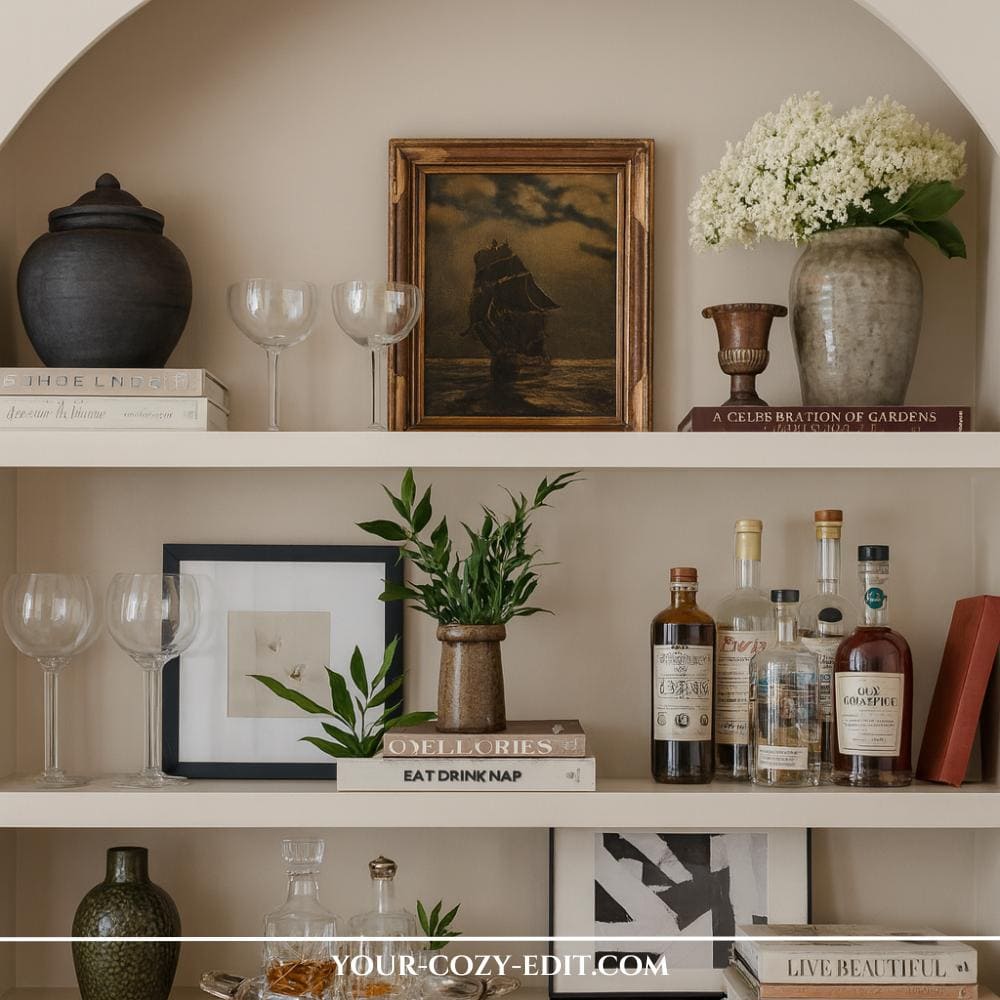 Home Bar inspired shelf styling with bottles, glasses and coffee table books