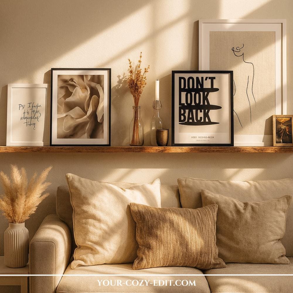 Calm but skillfully styled wooden floating shelf with large pictures standing on it