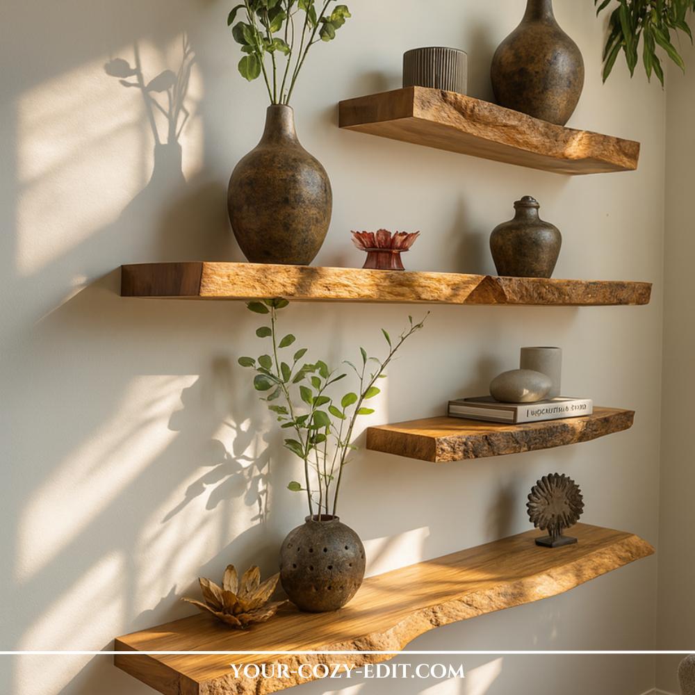 Wooden floating shelves in different lengths decorated with brown vases