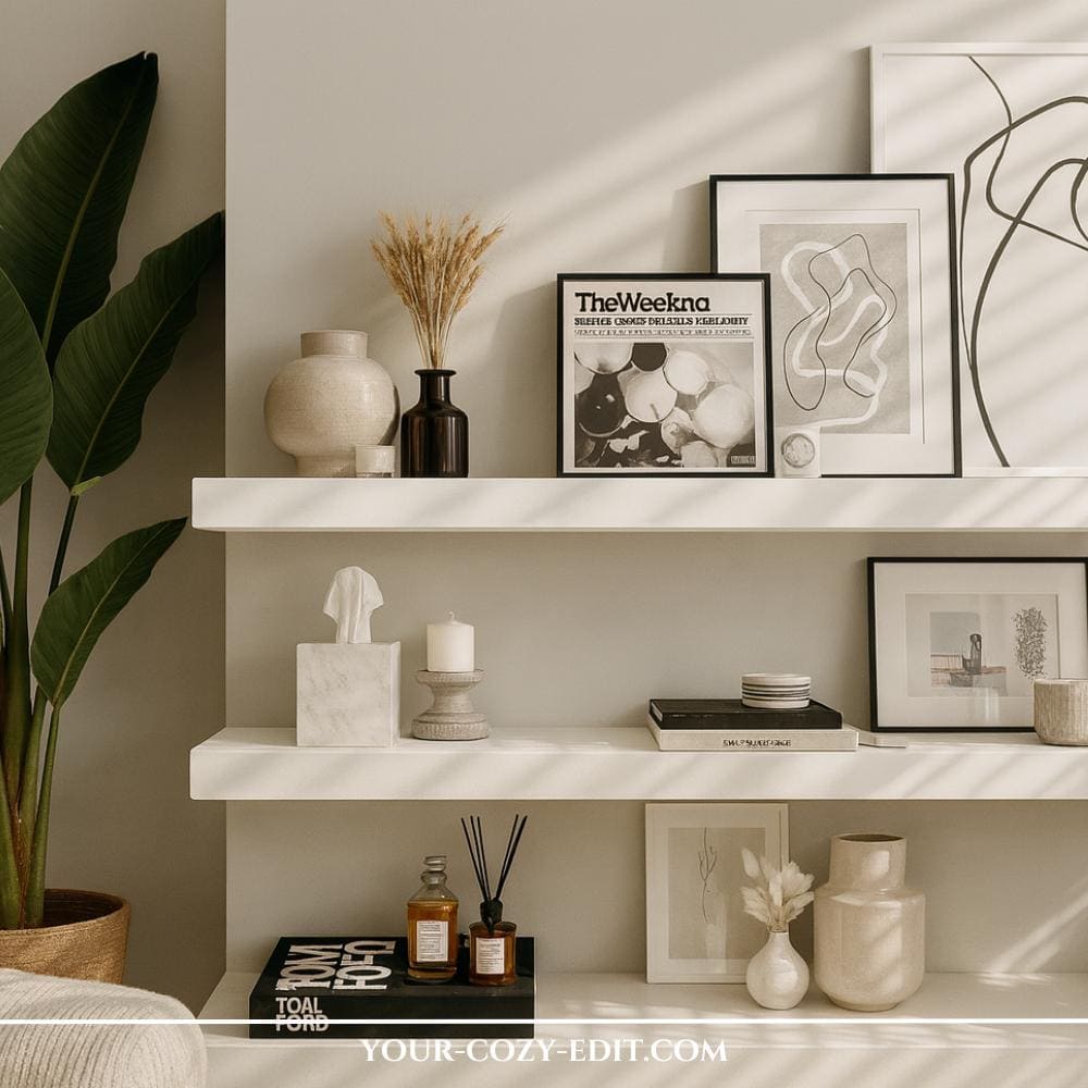 Minimalistic Idea to Style Shelf in Soft Japandi Design with neutral colors and soft forms