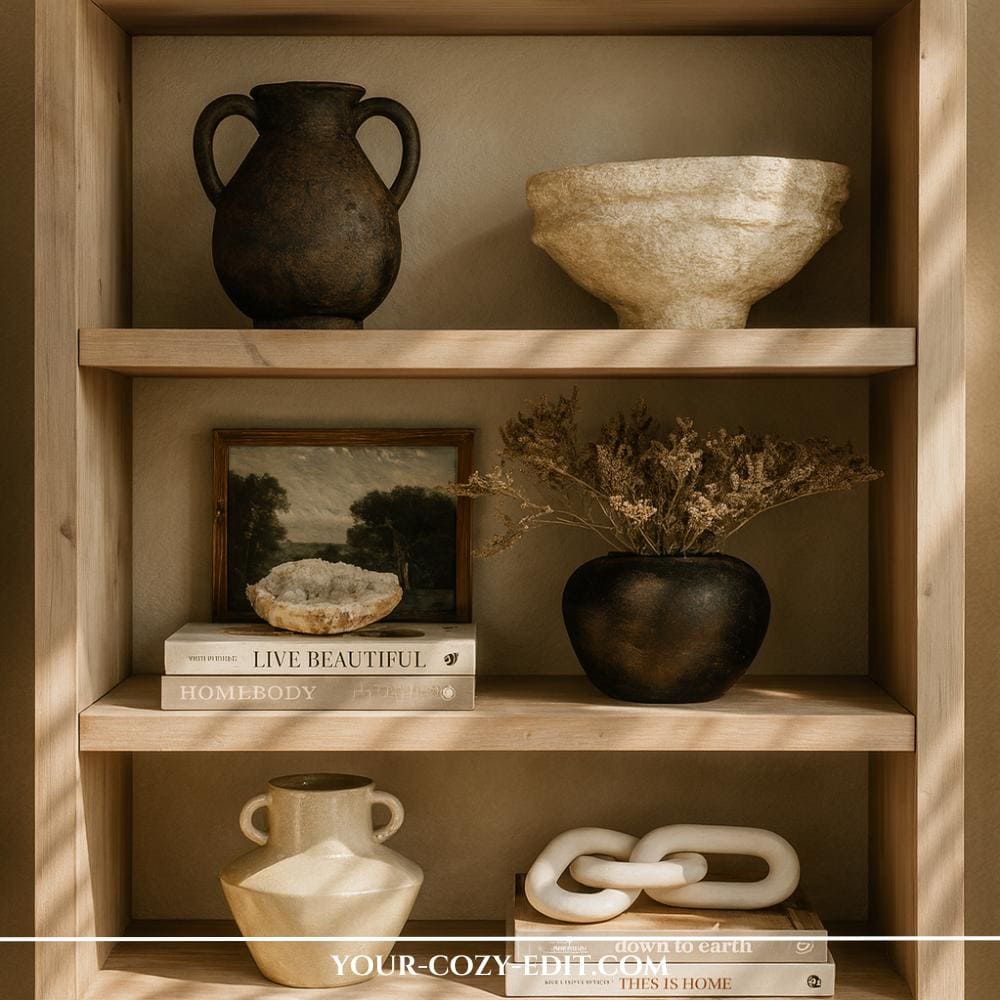 Minimalist Shelf Decor in earthy colors and natural materials