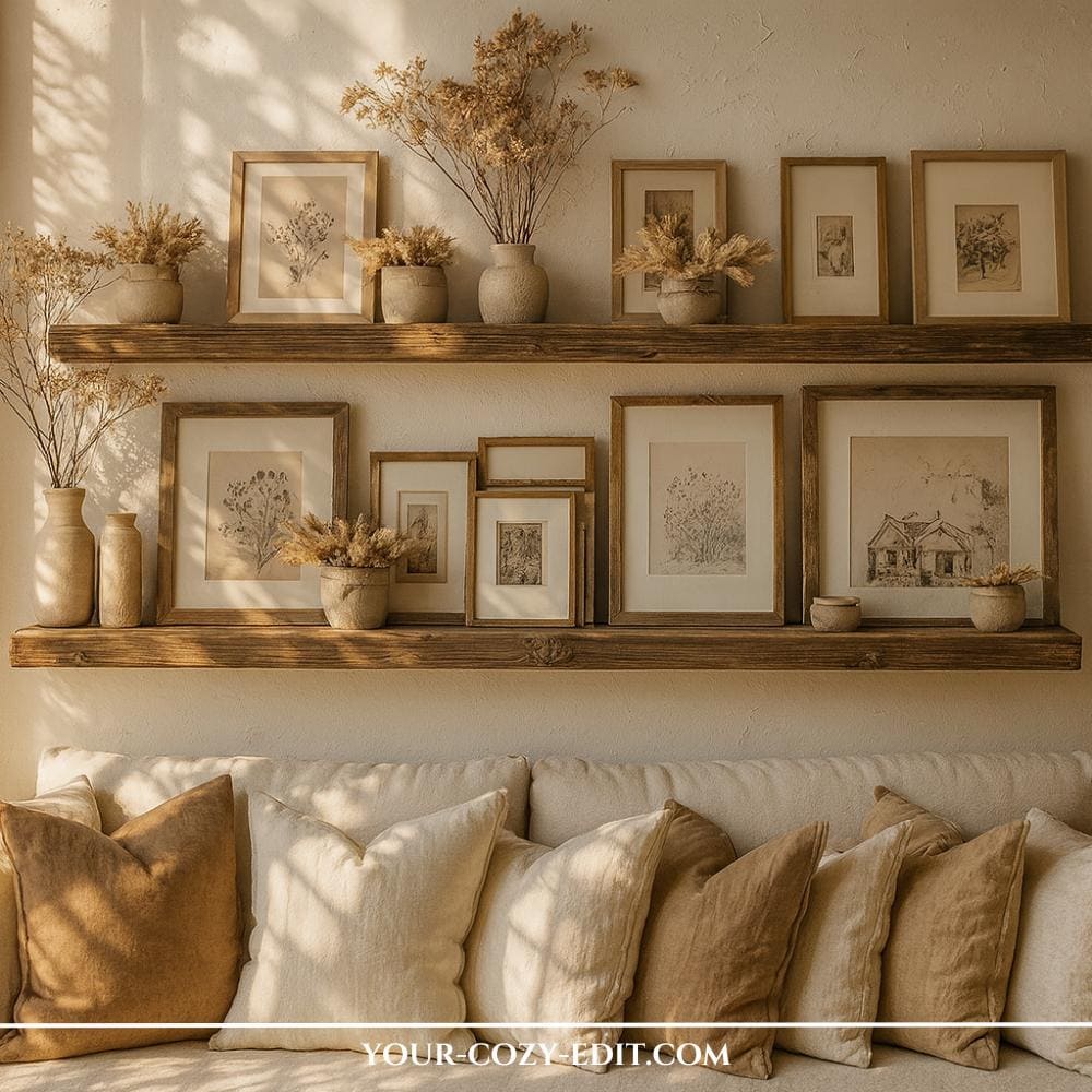 Wabi Sabi meets Farmhouse Style Shelf Decor Idea with earthy vases and wooden picture frames