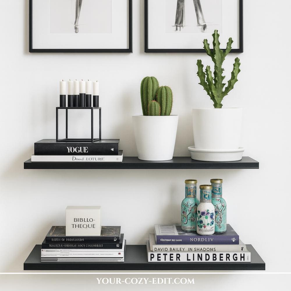 Scandinavian black-white shelf decor with cactus